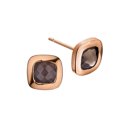 Rose Gold and Smoky Quartz Checkerboard Stud Earrings