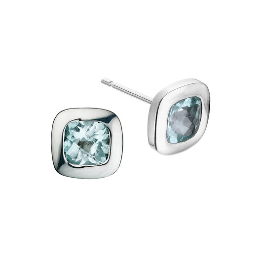 Silver and Blue Topaz Checkerboard Stud Earrings